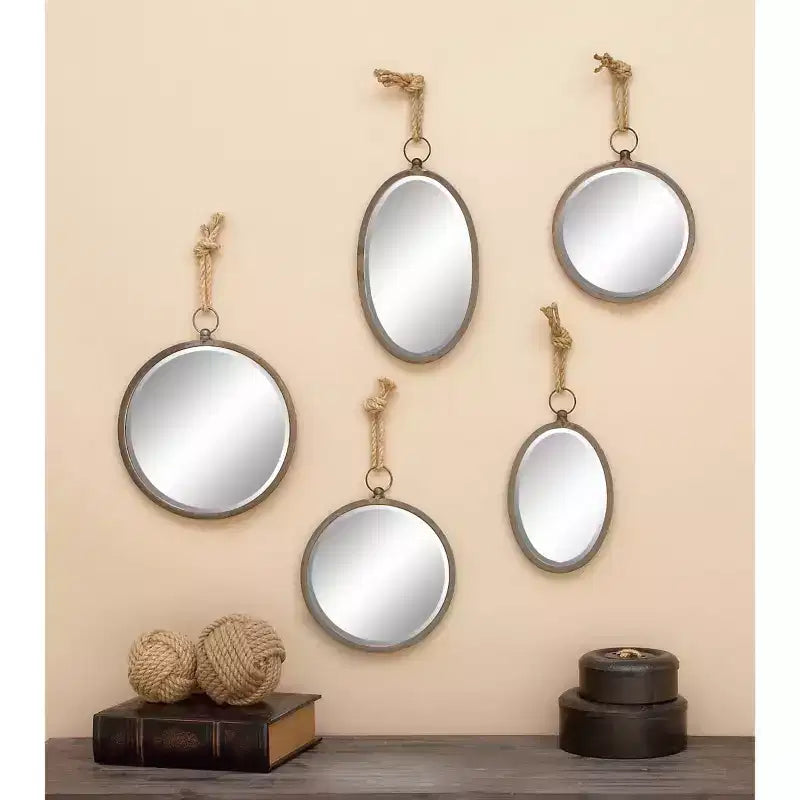 Specchi da parete rotondi in ferro grigio con corda di iuta, set da 5