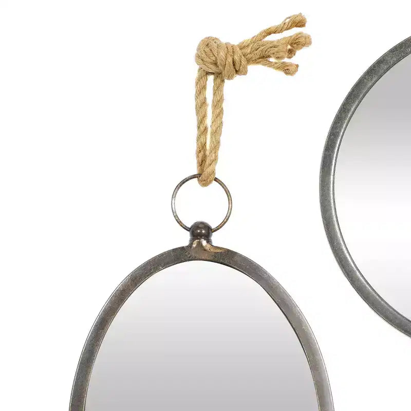Specchi da parete rotondi in ferro grigio con corda di iuta, set da 5