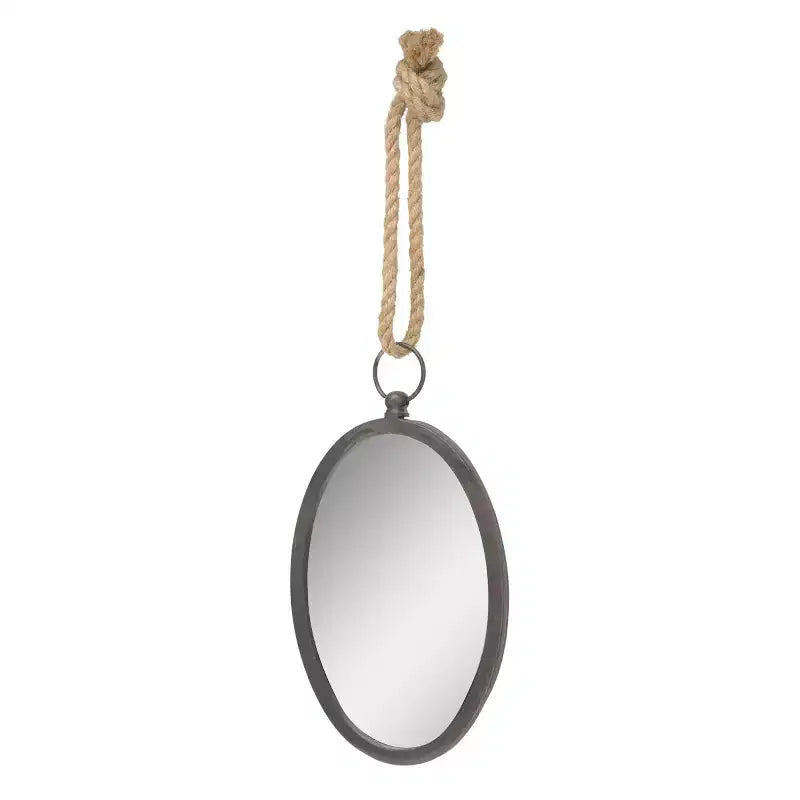 Specchio da parete ovale in metallo marrone rustico con corda ad anello – Singolo
