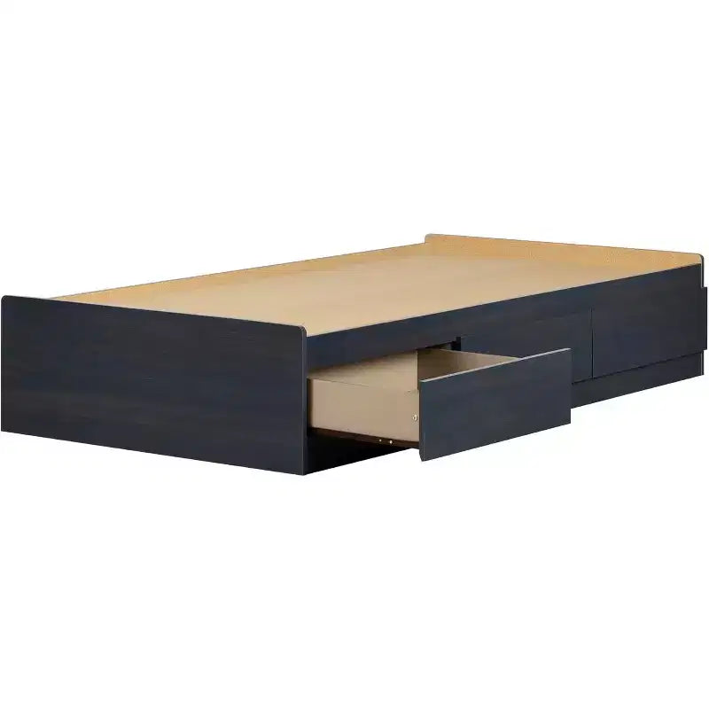 Letto a piattaforma singolo blu con cassetti contenitore, 1 persona