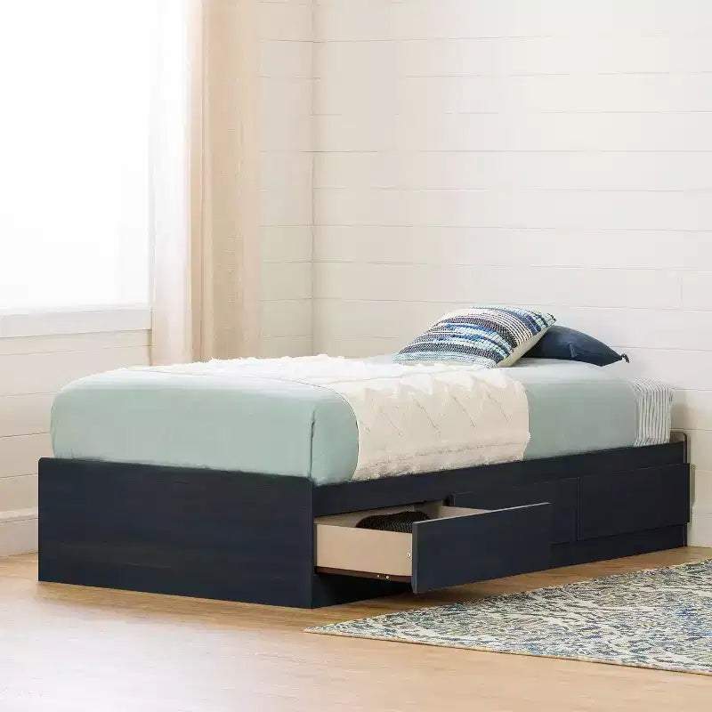 Letto a piattaforma singolo blu con cassetti contenitore, 1 persona