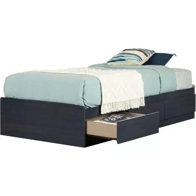 Letto a piattaforma singolo blu con cassetti contenitore, 1 persona