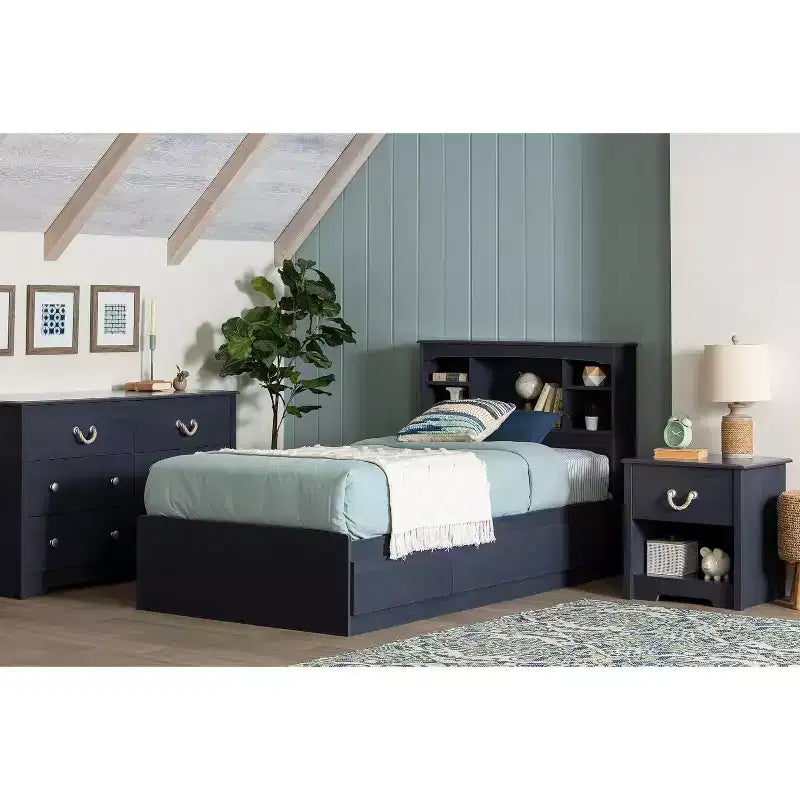 Letto a piattaforma singolo blu con cassetti contenitore, 1 persona