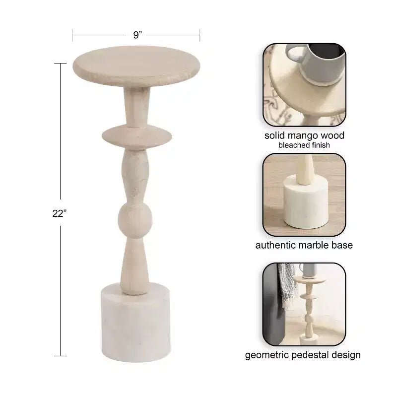 White Round Drink Table for 1, Wood & Marble Base