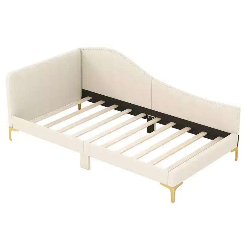 Divano letto imbottito trapuntato color beige con rivetti e gambe in metallo, singolo/una piazza e mezza, 1 persona