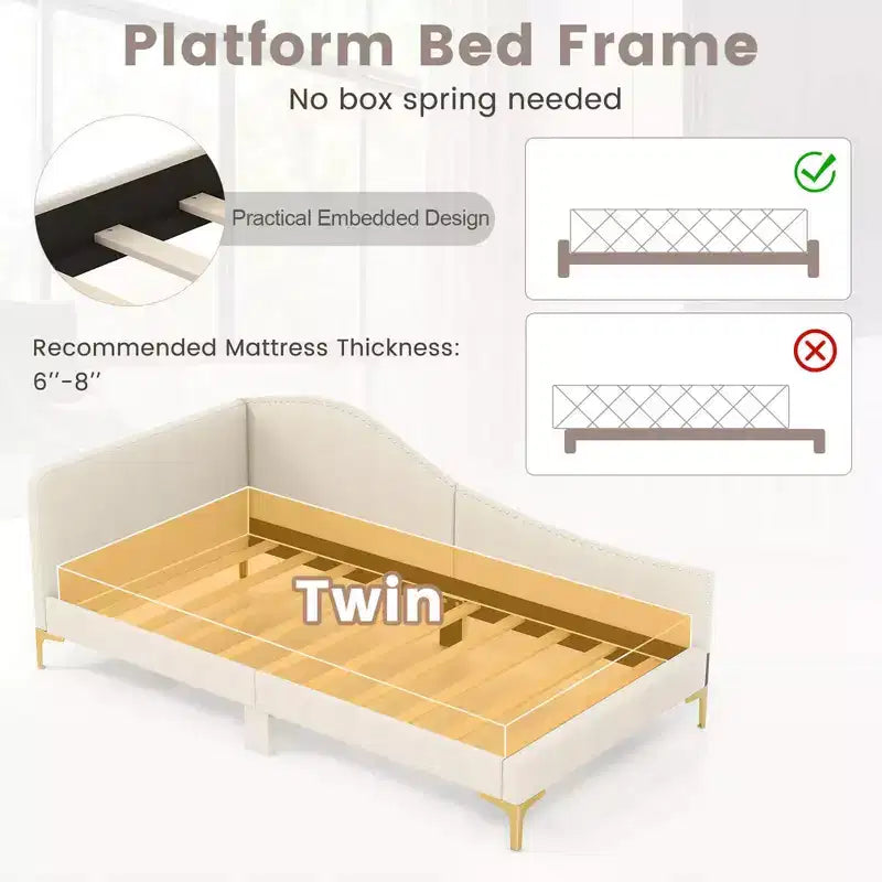 Divano letto imbottito trapuntato color beige con rivetti e gambe in metallo, singolo/una piazza e mezza, 1 persona