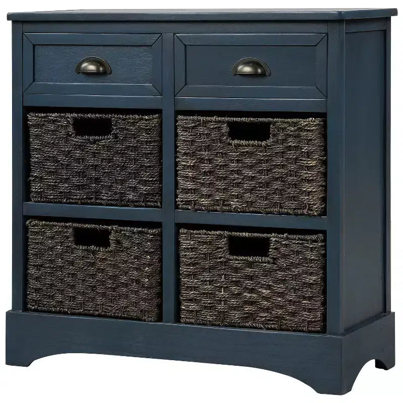 Mobile Contenitore Rustico Marrone Grigio / Bianco Decapato con 2 Cassetti e 4 Cesti in Rattan – Montaggio da 1 Persona