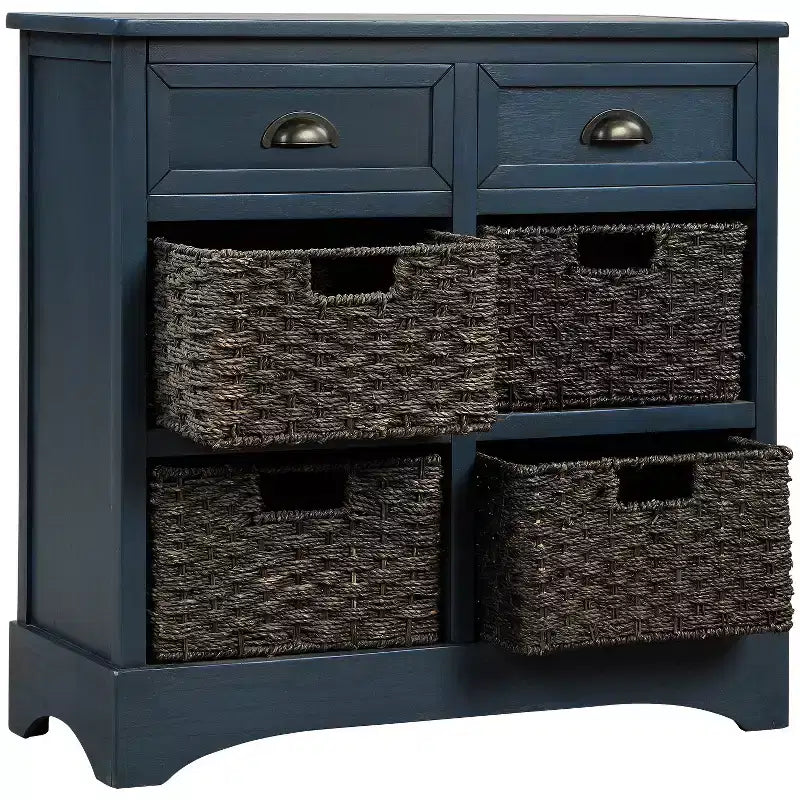 Mobile Contenitore Rustico Marrone Grigio / Bianco Decapato con 2 Cassetti e 4 Cesti in Rattan – Montaggio da 1 Persona