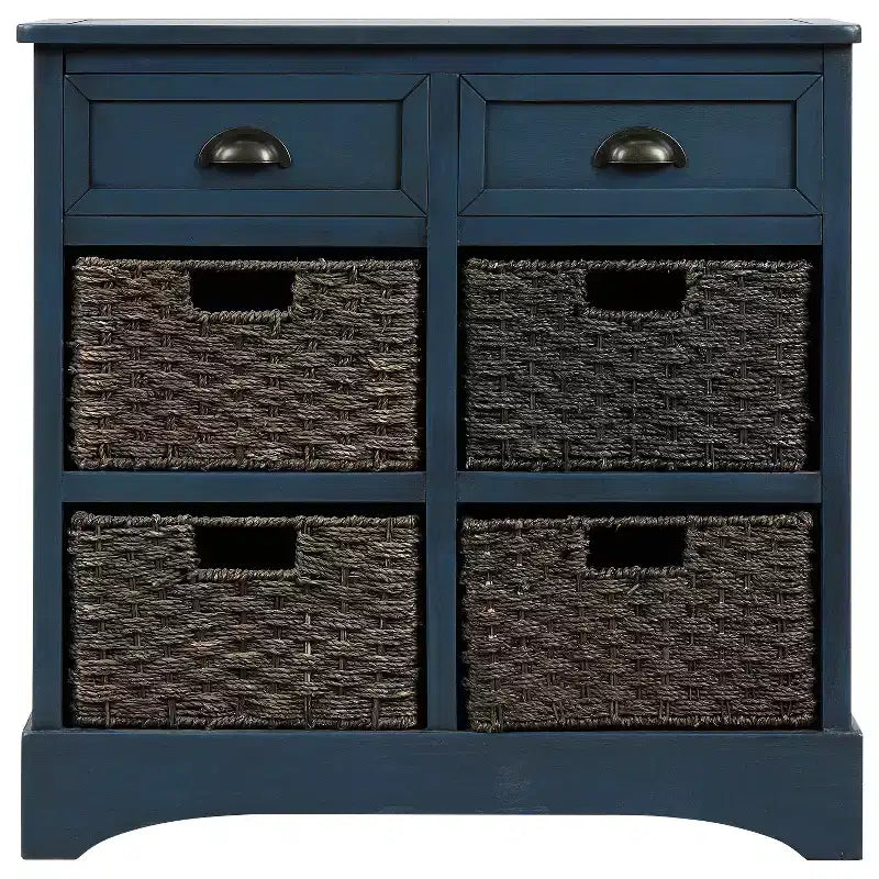 Mobile Contenitore Rustico Marrone Grigio / Bianco Decapato con 2 Cassetti e 4 Cesti in Rattan – Montaggio da 1 Persona