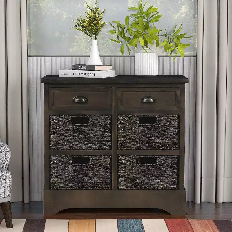 Mobile Contenitore Rustico Marrone Grigio / Bianco Decapato con 2 Cassetti e 4 Cesti in Rattan – Montaggio da 1 Persona
