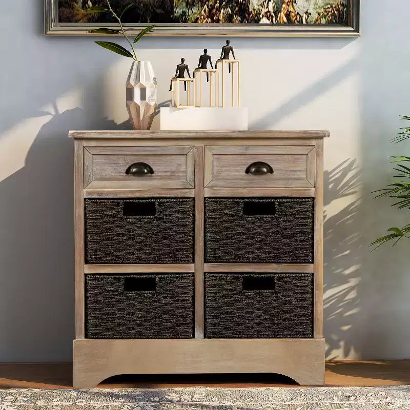 Mobile Contenitore Rustico Marrone Grigio / Bianco Decapato con 2 Cassetti e 4 Cesti in Rattan – Montaggio da 1 Persona