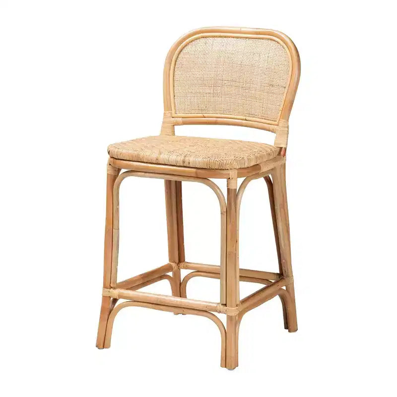 Sgabello da bancone in rattan marrone naturale, senza braccioli, schienale medio, 1 posto
