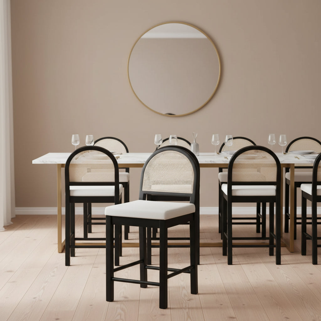Nathan James Bailey Curved Back Counter Height Barstool Black Wood Oak Rattan Cream Boucle: Elegant 24in Seat, Rubberwood Frame