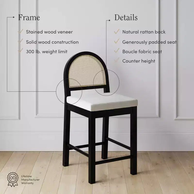 Sgabello da bar per penisola in Boucle Nero e Crema con Schienale in Rattan – 1 Posto