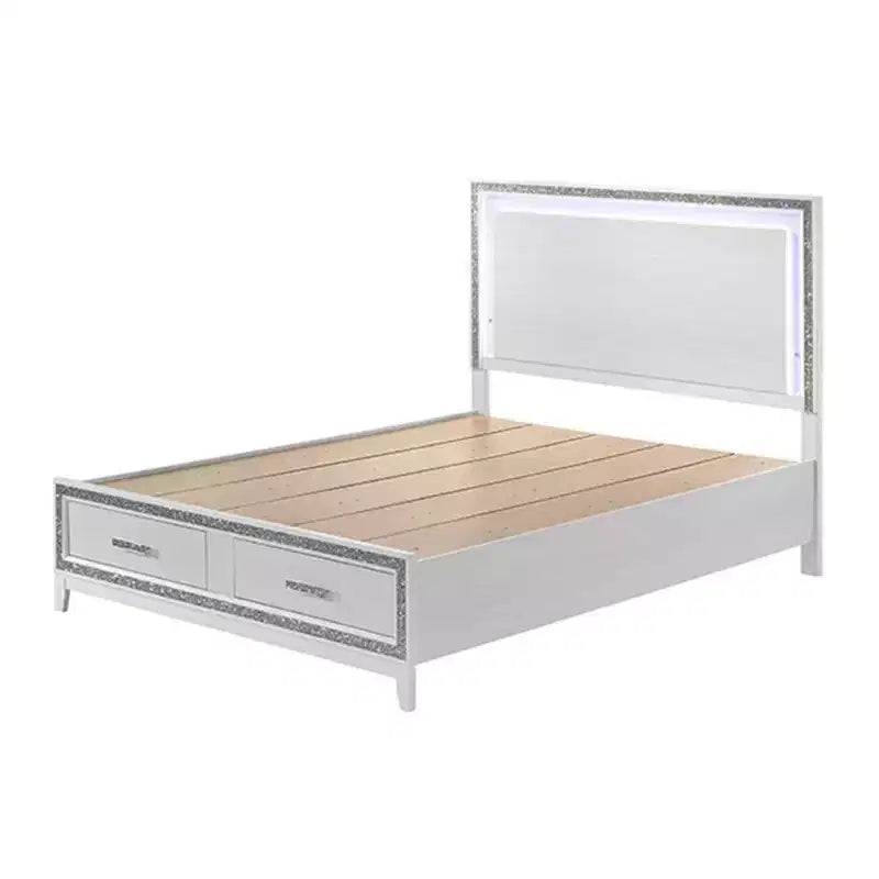 Letto King size bianco con testiera a LED, in similpelle e pediera contenitore – Adatto a 1