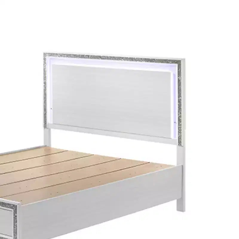 Letto King size bianco con testiera a LED, in similpelle e pediera contenitore – Adatto a 1