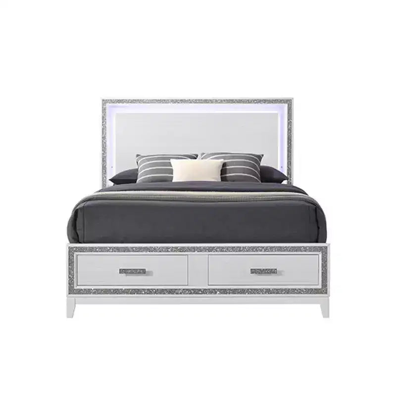 Letto King size bianco con testiera a LED, in similpelle e pediera contenitore – Adatto a 1