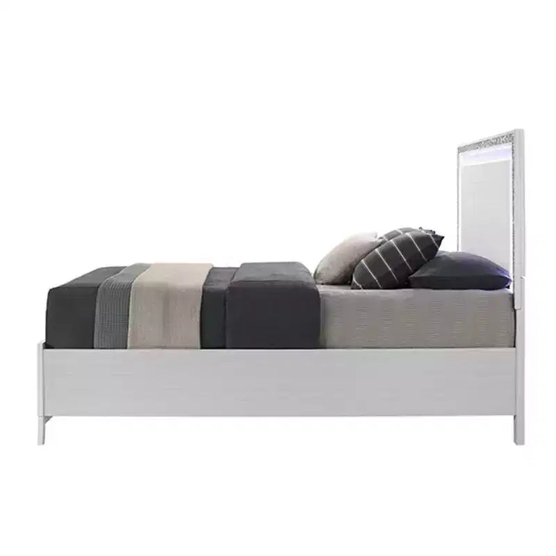 Letto King size bianco con testiera a LED, in similpelle e pediera contenitore – Adatto a 1