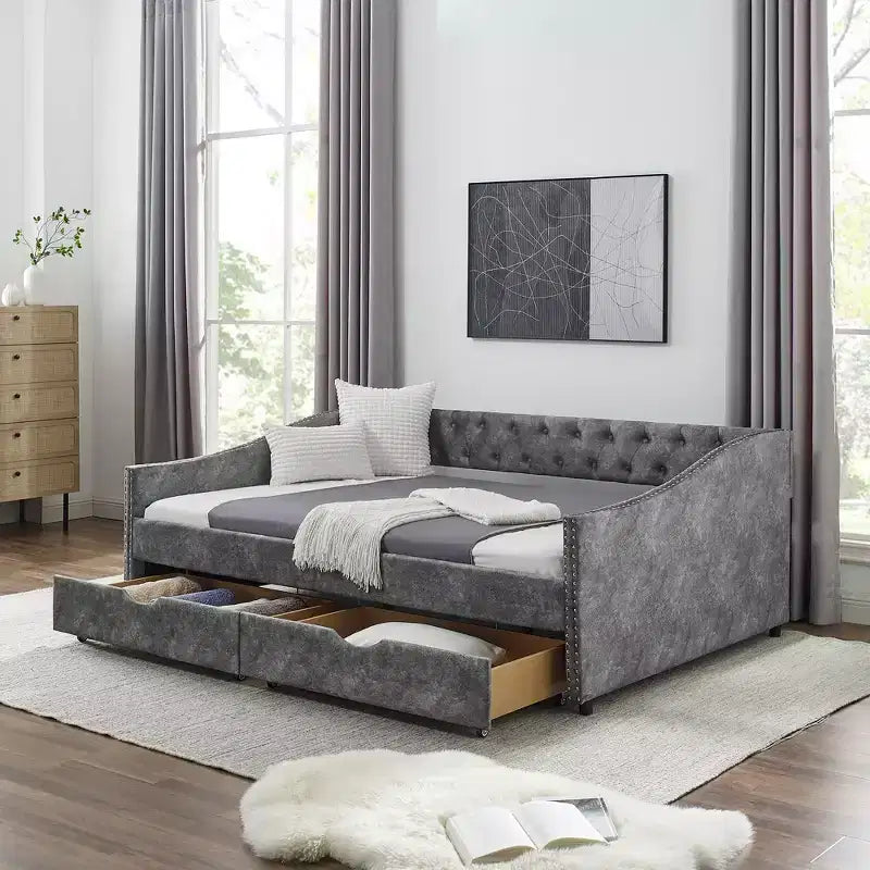 Divano Letto Grigio Full Size con Bottoni Trapuntati e Cassetti, 1 Posto