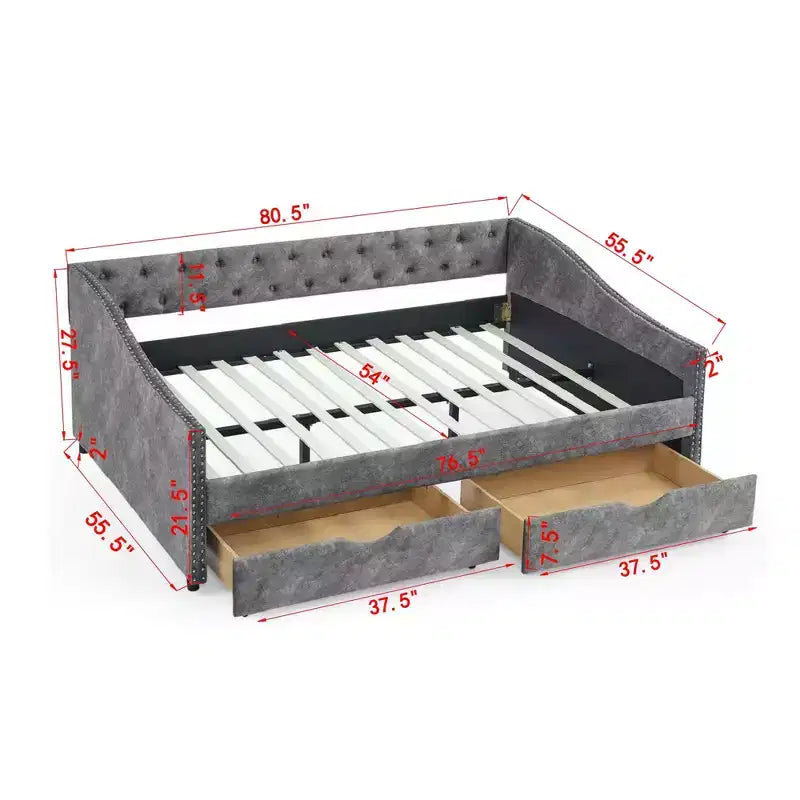 Divano Letto Grigio Full Size con Bottoni Trapuntati e Cassetti, 1 Posto