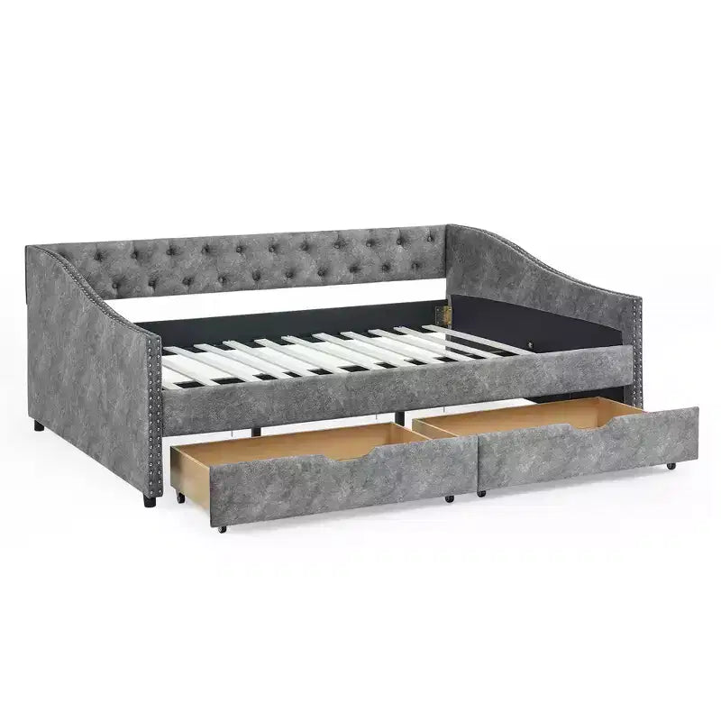 Divano Letto Grigio Full Size con Bottoni Trapuntati e Cassetti, 1 Posto