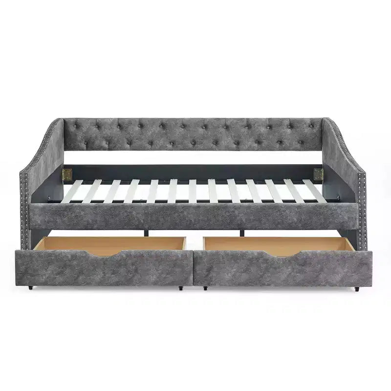 Divano Letto Grigio Full Size con Bottoni Trapuntati e Cassetti, 1 Posto