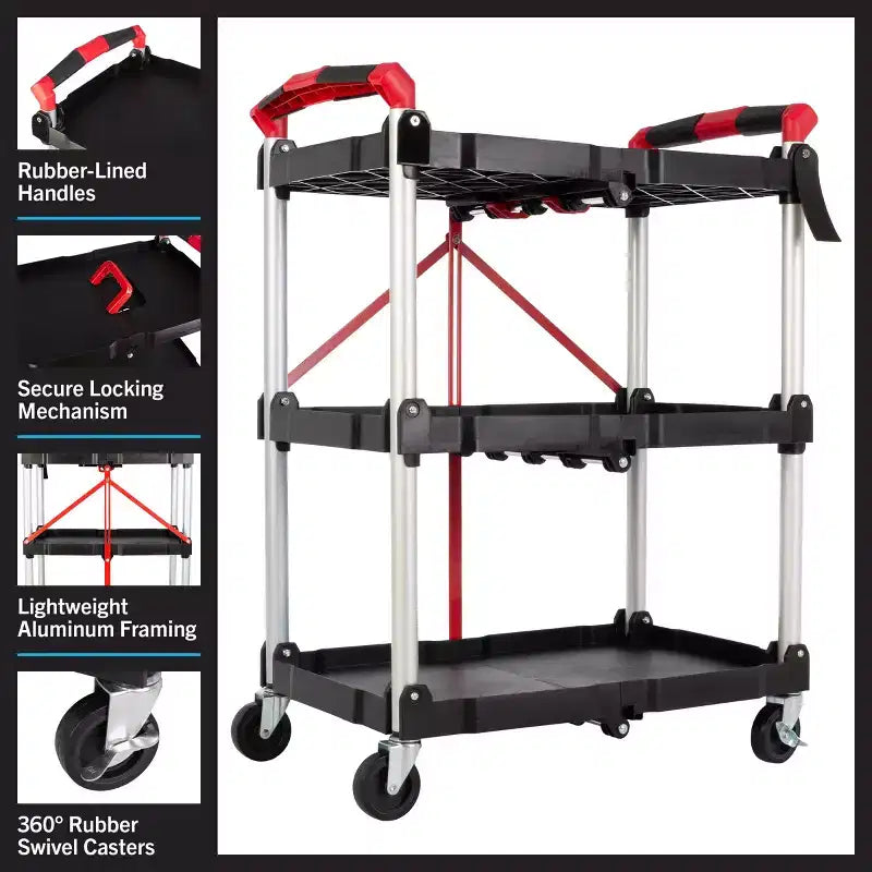 Carrello pieghevole multiuso a 2 ripiani nero – Capacità 22,7 kg per ripiano