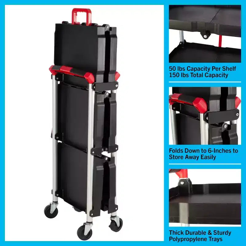 Carrello pieghevole multiuso a 2 ripiani nero – Capacità 22,7 kg per ripiano