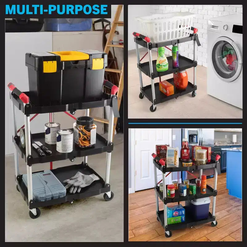Carrello pieghevole multiuso a 2 ripiani nero – Capacità 22,7 kg per ripiano