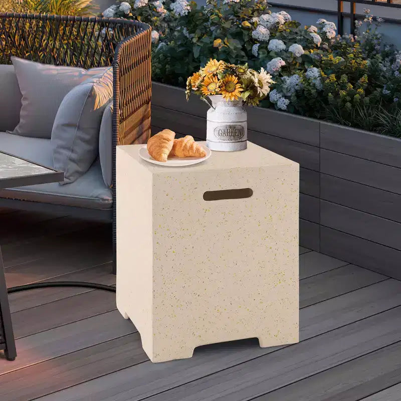 White Terrazzo Square Propane Tank Cover Side Table, 1-Person
