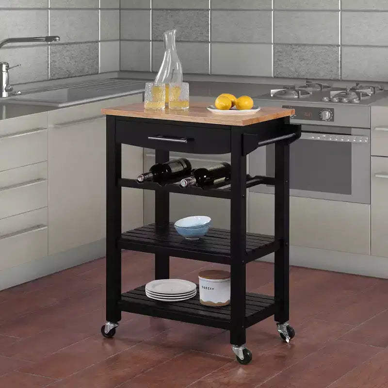 Carrello da cucina a 4 ripiani con cassetto e portabottiglie, piano in legno massello Bianco/Nero/Grigio
