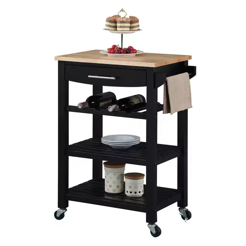 Carrello da cucina a 4 ripiani con cassetto e portabottiglie, piano in legno massello Bianco/Nero/Grigio