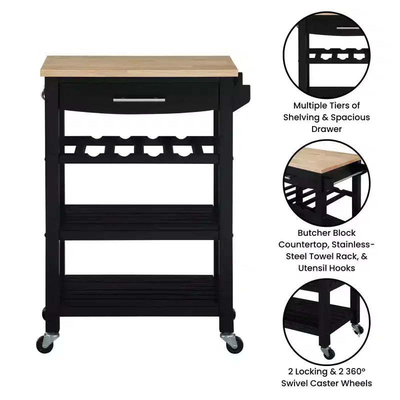 Carrello da cucina a 4 ripiani con cassetto e portabottiglie, piano in legno massello Bianco/Nero/Grigio