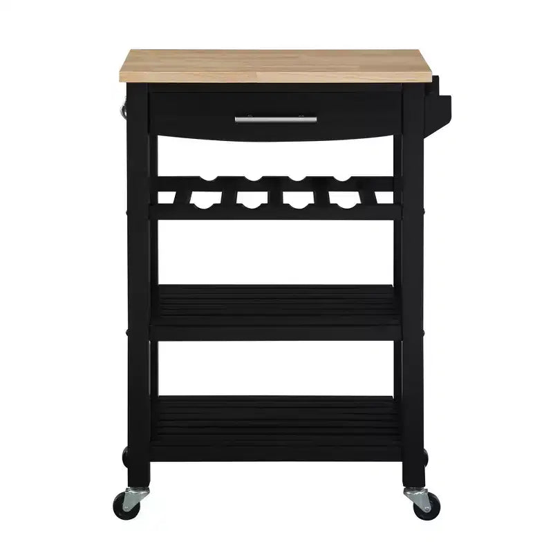 Carrello da cucina a 4 ripiani con cassetto e portabottiglie, piano in legno massello Bianco/Nero/Grigio