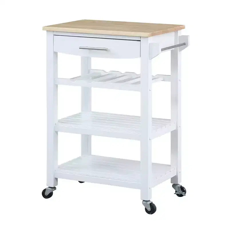 Carrello da cucina a 4 ripiani con cassetto e portabottiglie, piano in legno massello Bianco/Nero/Grigio