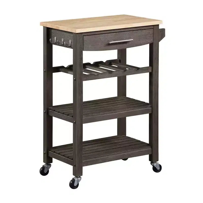 Carrello da cucina a 4 ripiani con cassetto e portabottiglie, piano in legno massello Bianco/Nero/Grigio