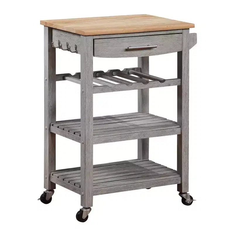 Carrello da cucina a 4 ripiani con cassetto e portabottiglie, piano in legno massello Bianco/Nero/Grigio