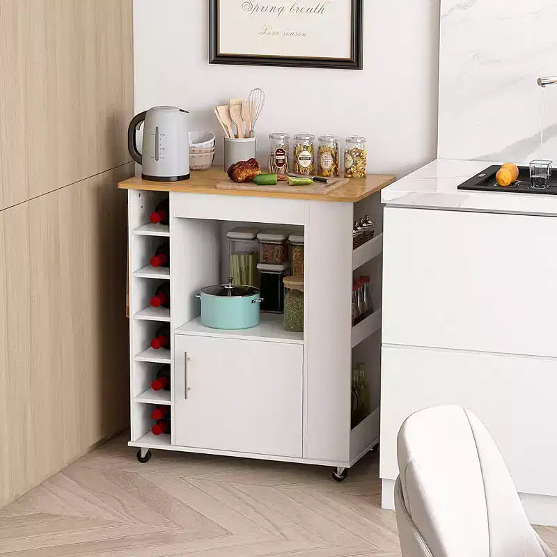 Carrello da Cucina Bianco con Piano in Bambù, Portabottiglie e Ripiani