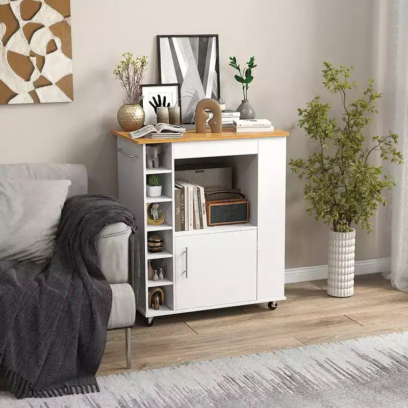Carrello da Cucina Bianco con Piano in Bambù, Portabottiglie e Ripiani