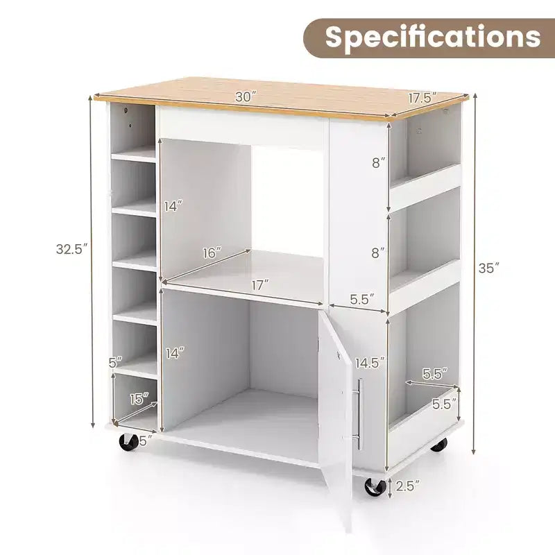 Carrello da Cucina Bianco con Piano in Bambù, Portabottiglie e Ripiani
