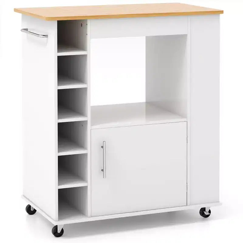 Carrello da Cucina Bianco con Piano in Bambù, Portabottiglie e Ripiani