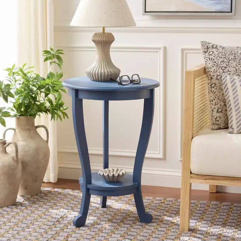 Round Pedestal Side Table with Lower Shelf – Multi-Color, Traditional Style, Single