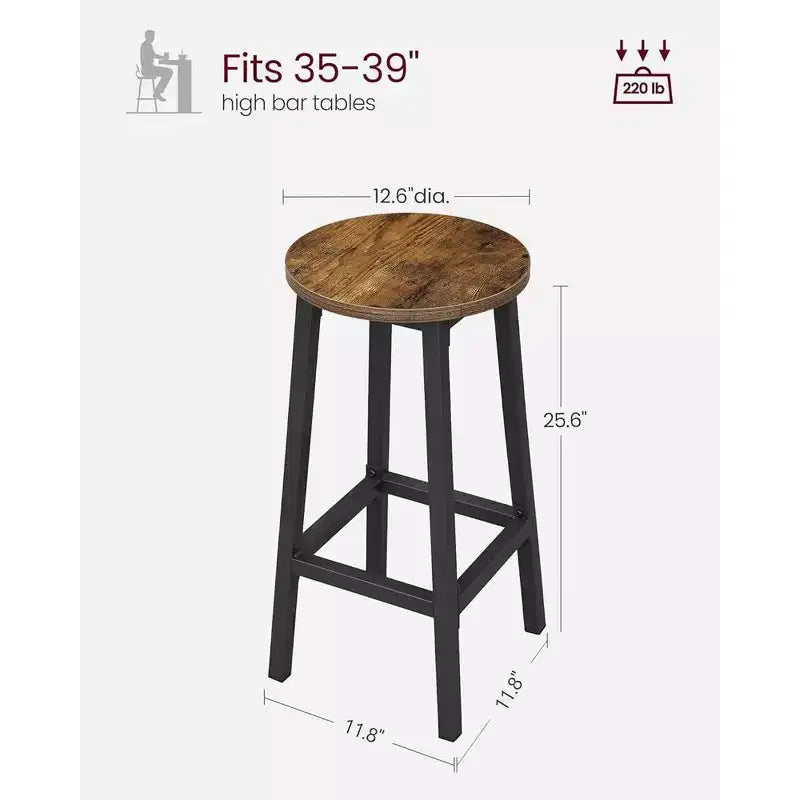Sgabelli da bar rotondi rustici marroni e neri, struttura in acciaio, 65 cm H, set da 2