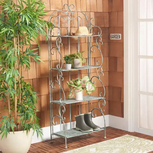 4-Tier Iron Shelf Unit, Indoor/Outdoor, Antique Dark Green / Antique White / Black Rust / Mossy Blue / Rustic Brown, 1-Person Assembly-Free