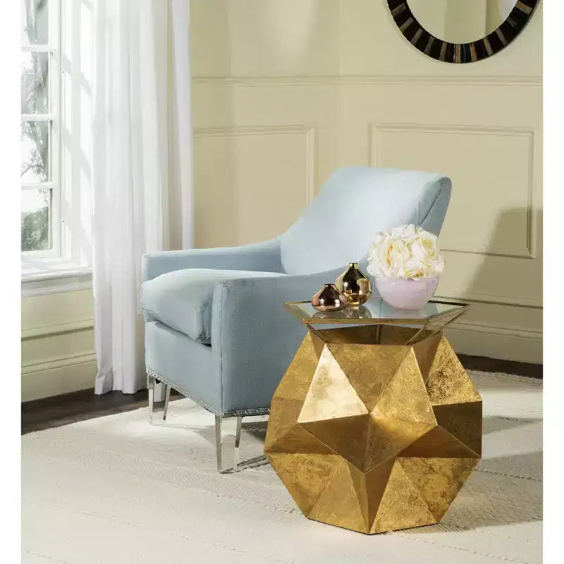 Gold Pentagon Glass Top Accent Side Table, Glam Style, 1-Piece