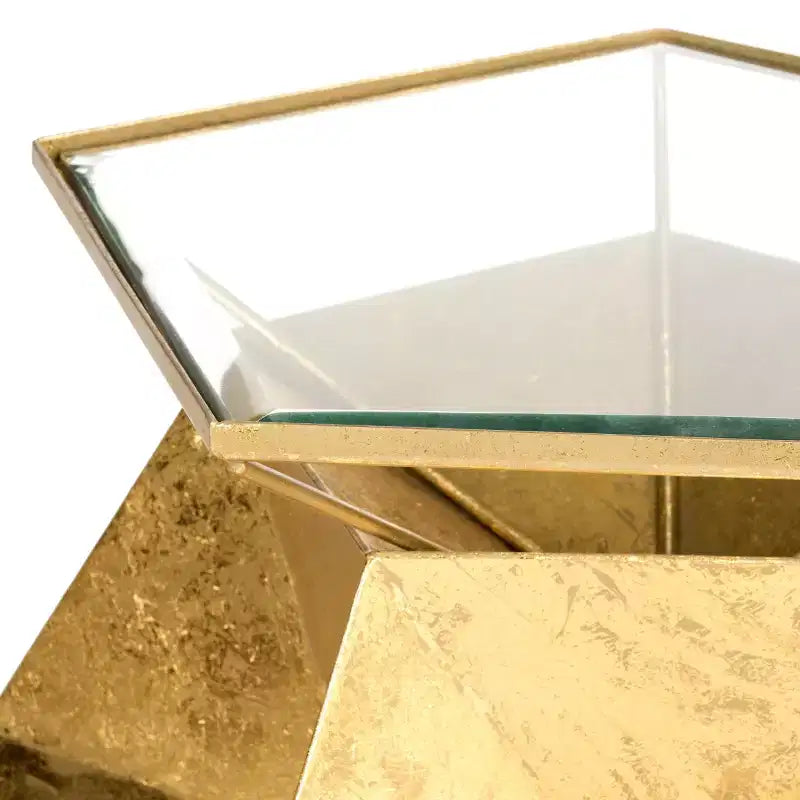 Gold Pentagon Glass Top Accent Side Table, Glam Style, 1-Piece