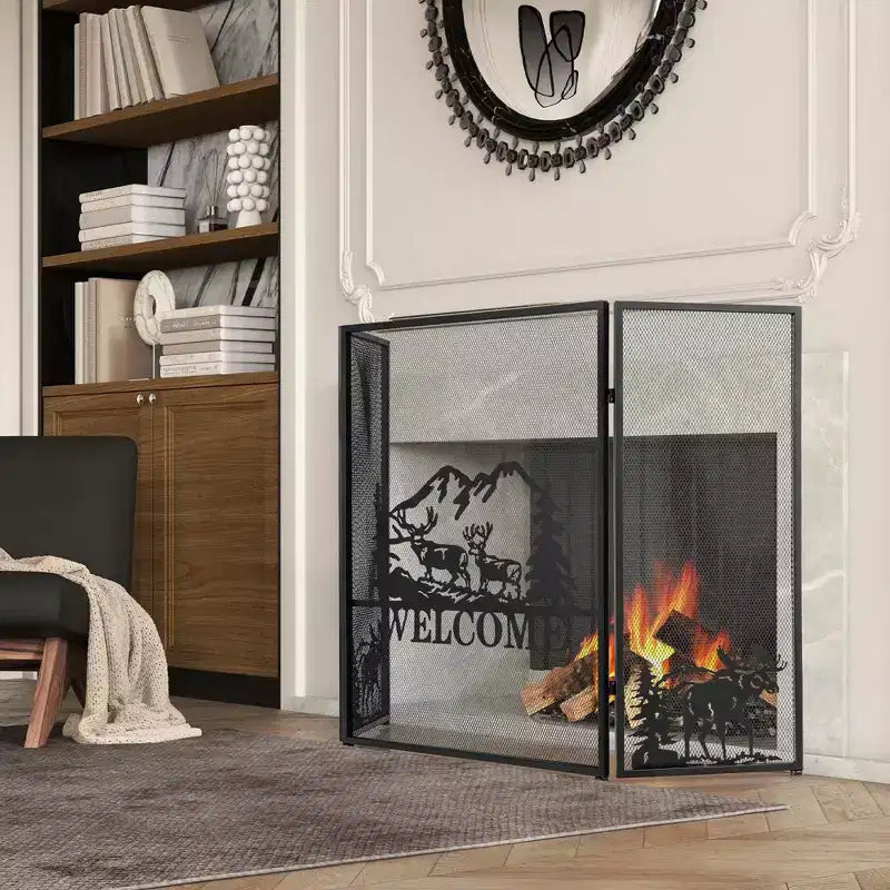 Parascintille Nero a 3 Pannelli con Motivo Alce, 52" x 31", per 1 Camino