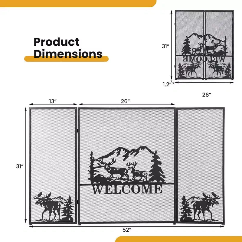 Parascintille Nero a 3 Pannelli con Motivo Alce, 52" x 31", per 1 Camino